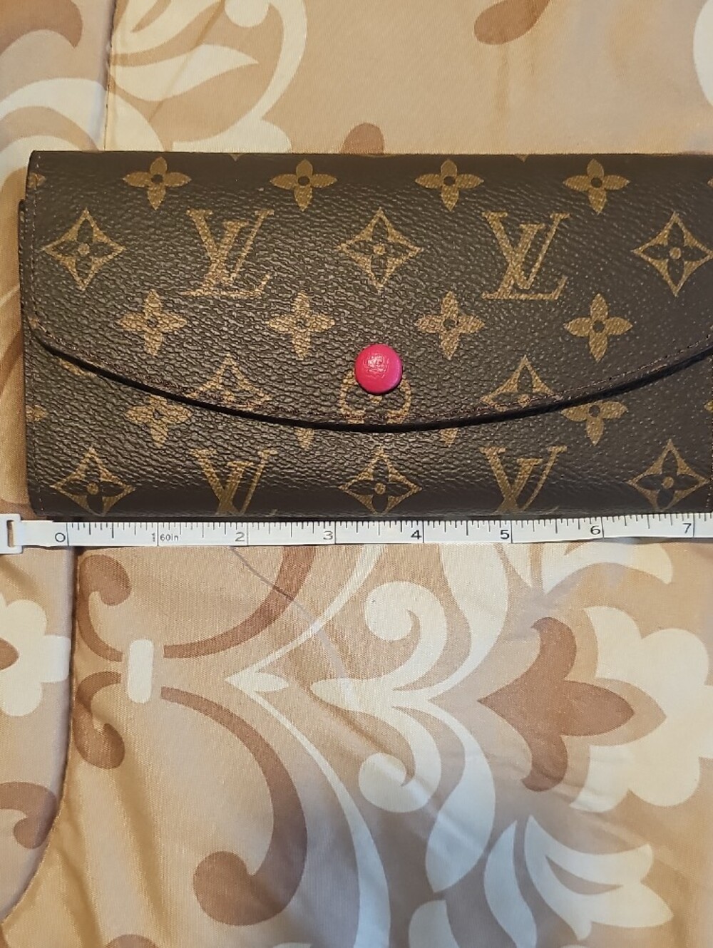 Inspired Monogram Snap Wallet in Brown with Pink Button - Picture 2 of 10